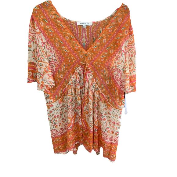 Rose +Olive Women's Orange Floral Tunic Top Size L Bohemian Peasant Fairy - Picture 3 of 6
